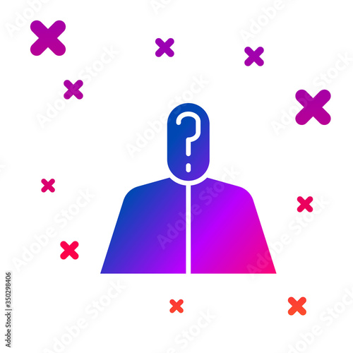 Color Anonymous man with question mark icon isolated on white background. Unknown user, incognito profile, business secrecy, obscurity. Gradient random dynamic shapes. Vector Illustration