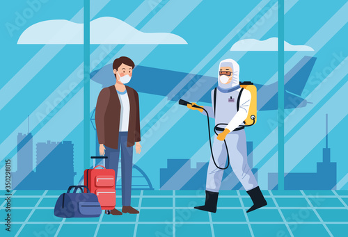 biosafety worker desinfect airport for covid19