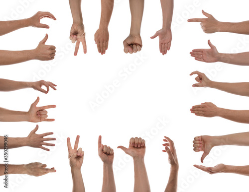 Collage with man showing different gestures on white background, closeup view of hands