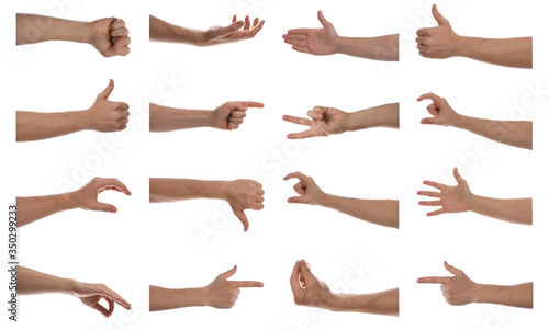 Collage with man showing different gestures on white background, closeup view of hands