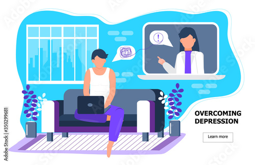 Online psychologist concept vector. Young depressive human receives professional psychology consultation. Depression, sadness, mental health illustration in flat style. online, help service