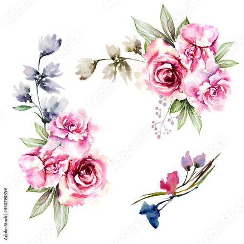vintage hand drawn watercolor drawing set of pink roses bouquet of flowers, leaves on a white isolated background for use in design, textiles, wallpaper, wrapping paper, stationery, for postcard
