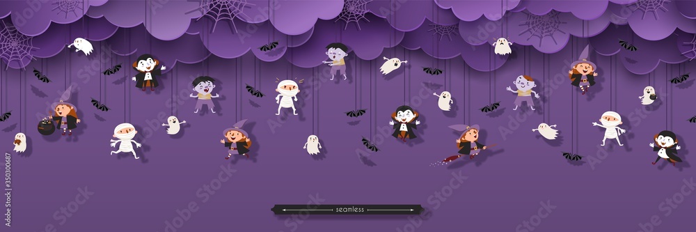 Halloween Seamless Border with Witch, Vampire, Ghost, Bats, Zombie, Mummy in paper cut style. Trick or treat Concept. Halloween design element. Vector Illustration