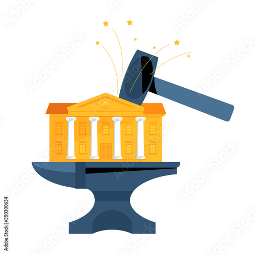 Bank building and hammer. The concept of a banking crisis, default and a blow to the economy. Vector illustration on a white background.