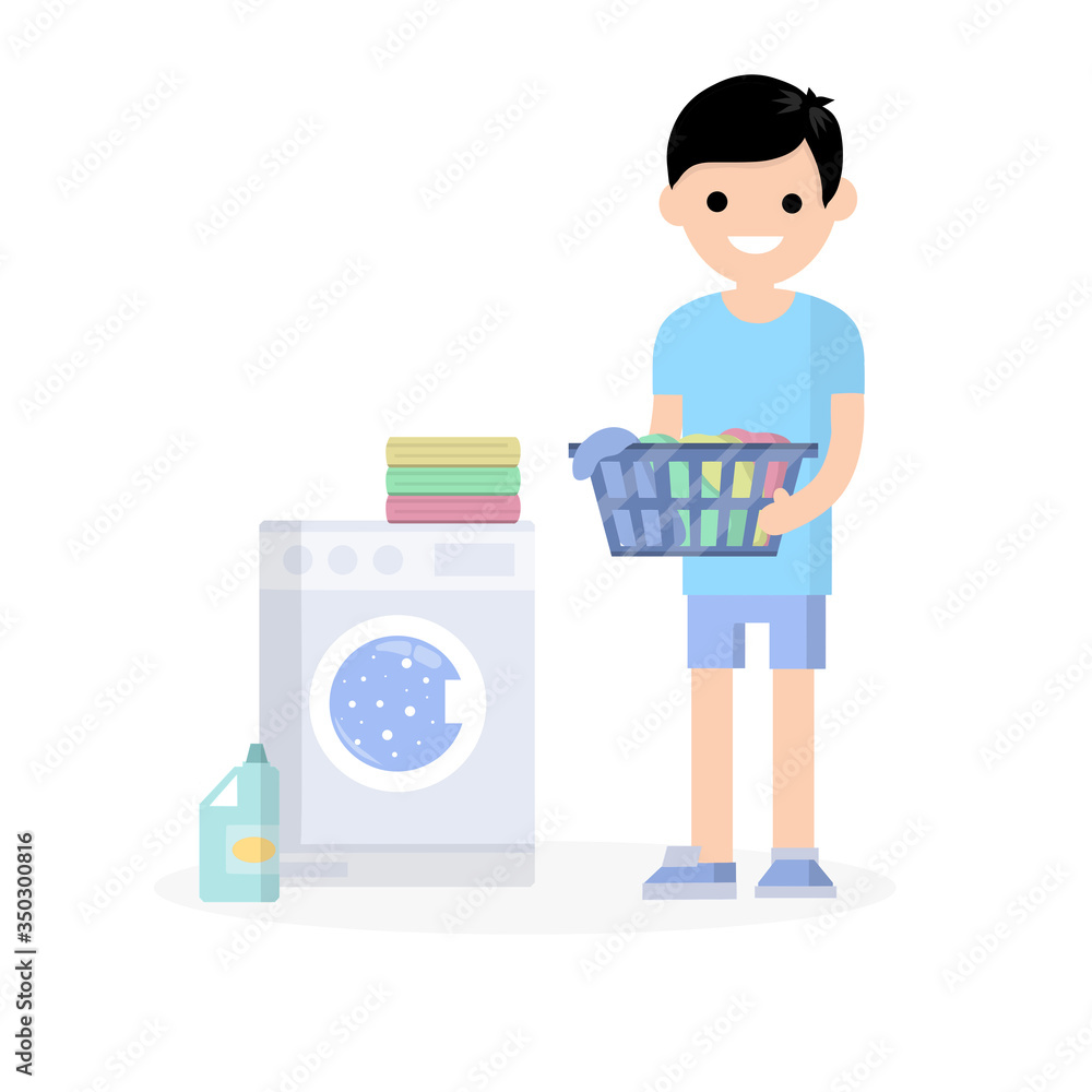 Man in the blue dress with folded clothes in his hands next to a washing machine and detergent. Cartoon flat illustration Man in the blue dress with folded clothes in his hands next to a washing machine and detergent. Cartoon flat illustration
