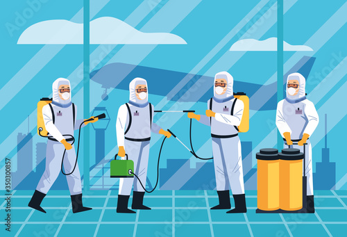 biosafety workers desinfect airport for covid19