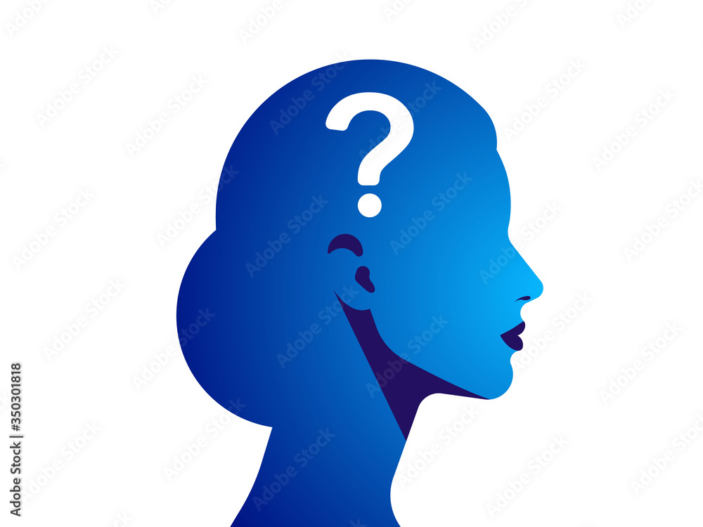 Silhouette of a woman with a question mark. The concept of a difficult decision, many questions, lack of knowledge, problems and misunderstandings. Vector illustration. Silhouette of a woman with a question mark. The concept of a difficult decision, many questions, lack of knowledge, problems and misunderstandings. Vector illustration.