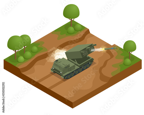 Isometric Multiple rocket launcher icons set isolated on white. Multiple Launch Rocket System is an armored, self-propelled, multiple rocket launcher a type of rocket artillery. Army.