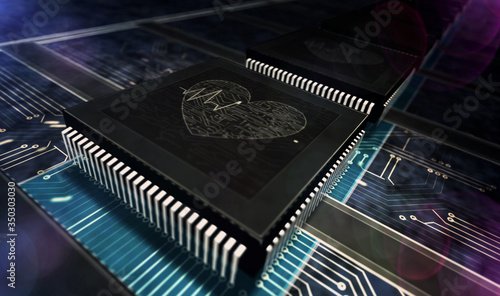 Processor factory with laser burning of cyber life and beating heart symbols illustration