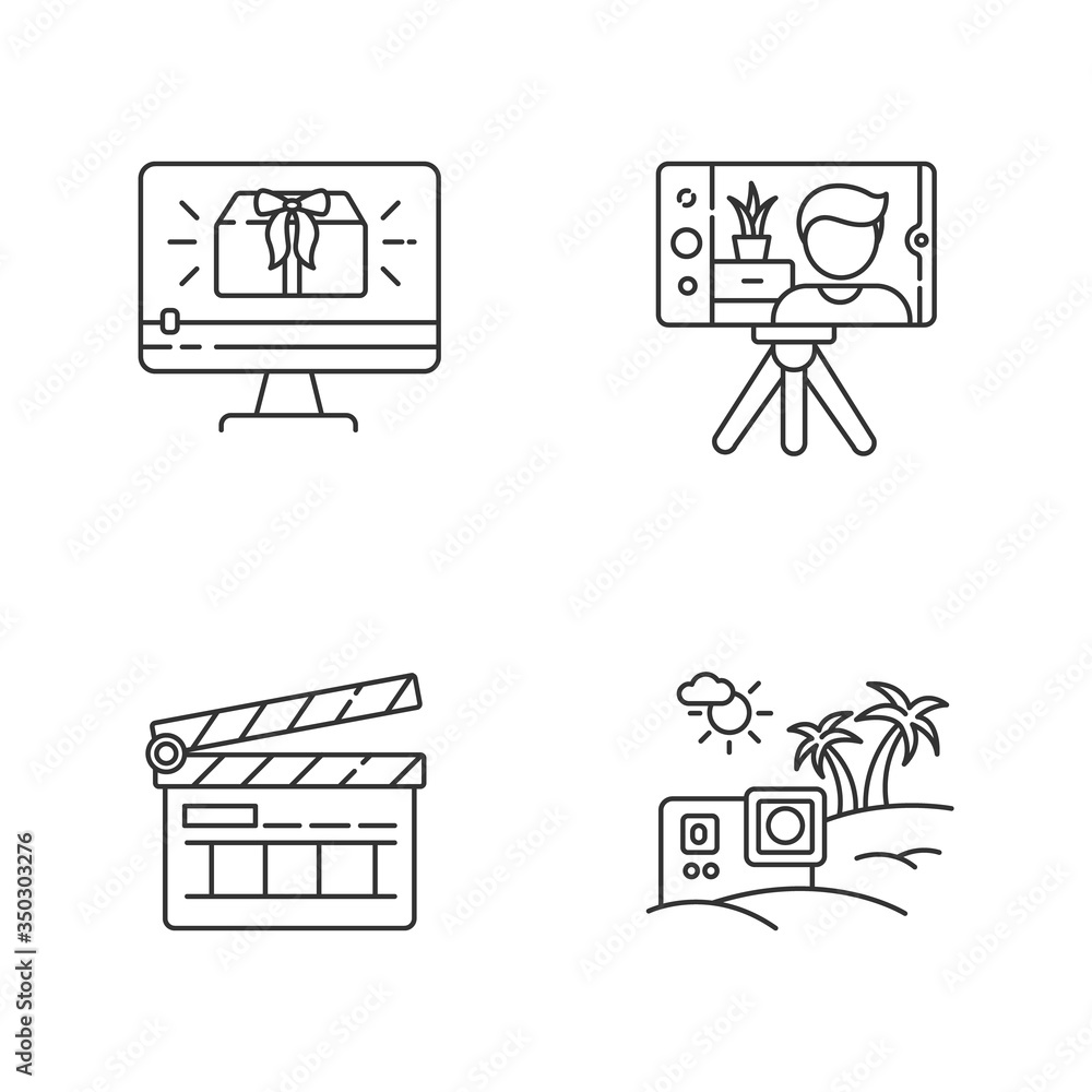 Filmmaking and Internet blogging pixel perfect linear icons set. Travel vlog content. Online video. Customizable thin line contour symbols. Isolated vector outline illustrations. Editable stroke Filmmaking and Internet blogging pixel perfect linear icons set. Travel vlog content. Online video. Customizable thin line contour symbols. Isolated vector outline illustrations. Editable stroke
