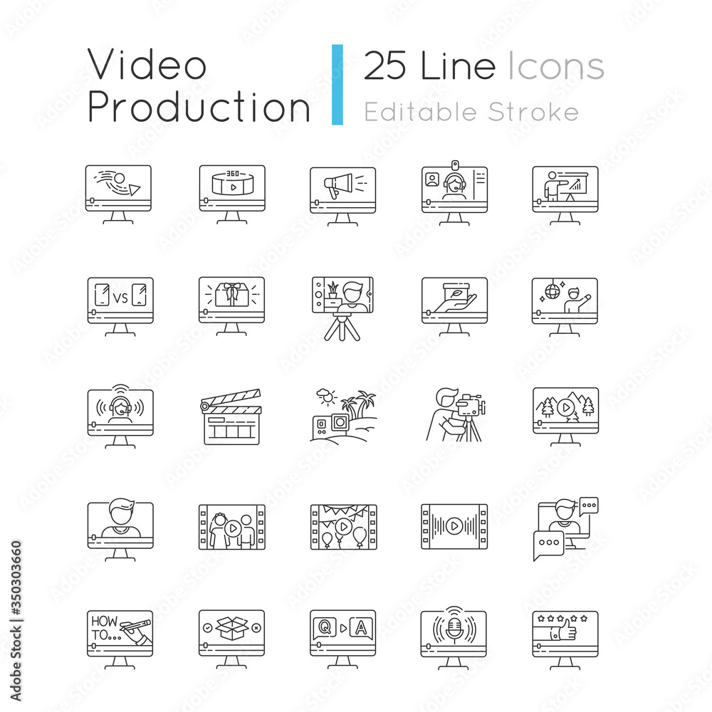 Video production pixel perfect linear icons set. Informational and entertainment videography. Customizable thin line contour symbols. Isolated vector outline illustrations. Editable stroke