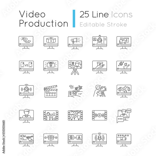 Video production pixel perfect linear icons set. Informational and entertainment videography. Customizable thin line contour symbols. Isolated vector outline illustrations. Editable stroke