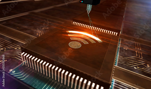 Processor factory with burning of wi-fi wireless network symbols illustration