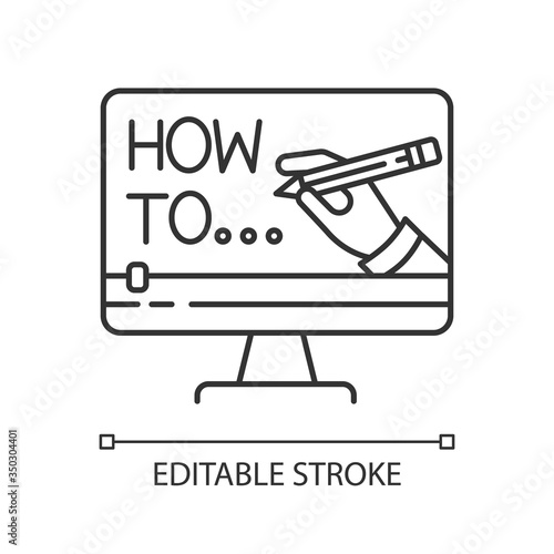Explainer video pixel perfect linear icon. Internet course watching. Online teaching. Thin line customizable illustration. Contour symbol. Vector isolated outline drawing. Editable stroke