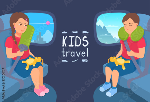 A cute girl and a boy sitting in an airplane chair with a safety seat belt and a neck pillow. Comfortable journey, safe travel. A kid traveling by plane. Child sleeping. Landscape view in the window.