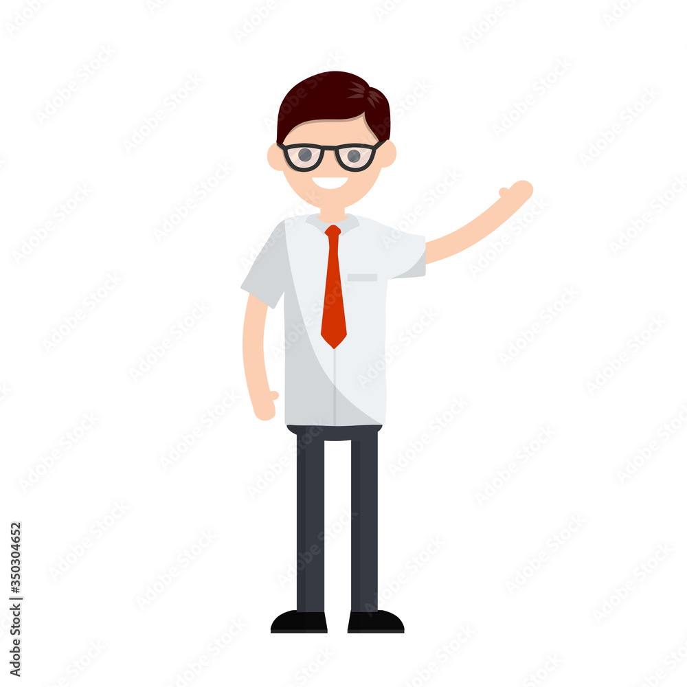 Cartoon flat illustration - young office guy in white shirt and red tie waving hand. happy man company employee. Hand gesture.