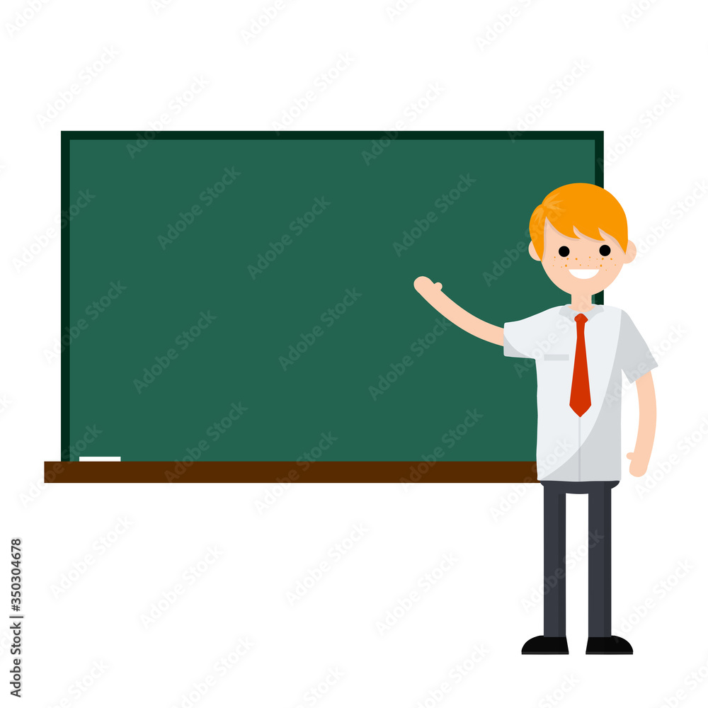 School teacher stands near blackboard. Lecturer in College in classroom. Clean chalkboard for chalk text. Element of Cabinet. Profession at University. man in the suit. Cartoon flat illustration School teacher stands near blackboard. Lecturer in College in classroom. Clean chalkboard for chalk text. Element of Cabinet. Profession at University. man in the suit. Cartoon flat illustration