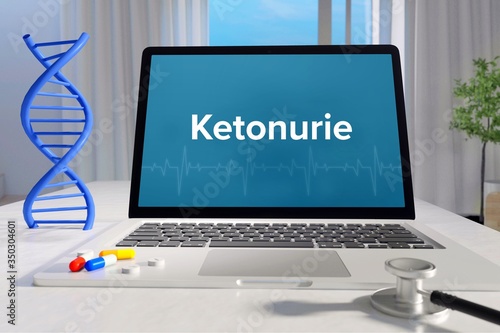 Ketonurie. Laptop mit Begriff/Text auf Monitor. Computer von Arzt. DNA und Stethoskop. Medizin, Gesundheitswesen photo