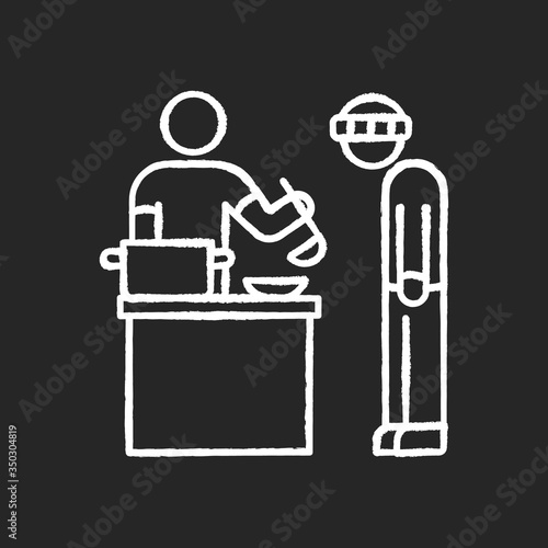 Food bank chalk white icon on black background. Humanitarian aid to homeless people. Volunteer to work at social service program. Giving food to poor person. Isolated vector chalkboard illustration