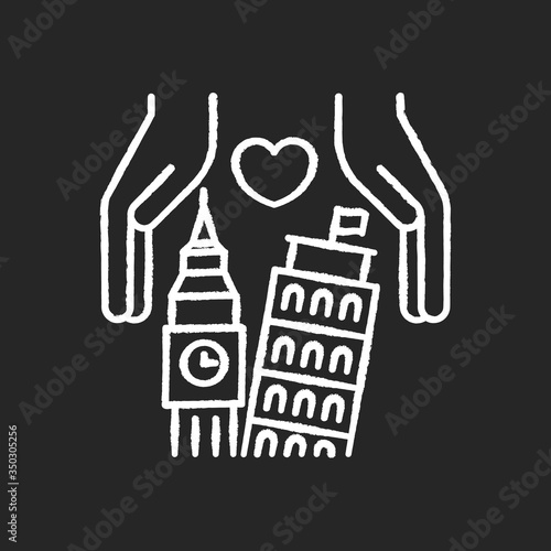 Landmark preservation chalk white icon on black background. Tourism service. Travel across Europe. Protection of architecture. Building restoration. Isolated vector chalkboard illustration