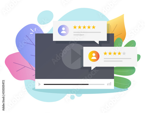 Video content review testimonials or online feedback rate chat evaluation vector flat cartoon, illustration of internet or web video player with rating stars messages, survey or ranking modern image