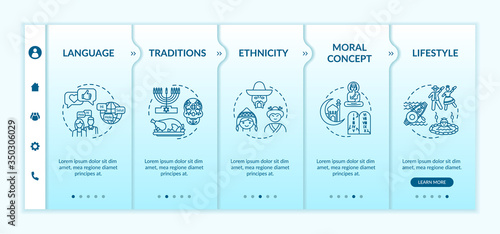 Cultural diversity onboarding vector template. National tradition. Multi ethnic lifestyle. Responsive mobile website with icons. Webpage walkthrough step screens. RGB color concept