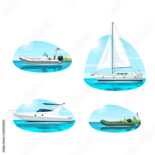 Boat for recreation semi flat vector illustration set. Boat in ocean for rental. Regatta for summer relaxation. Inflatable speed boat for fishing. Maritime 2D cartoon objects for commercial use