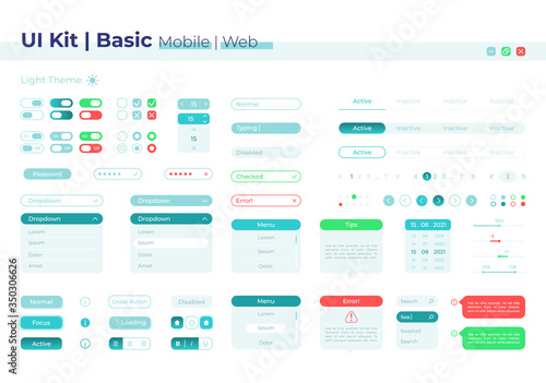 Control panel UI elements kit. Setting buttons. Basic isolated vector icon, bar and dashboard template. Web design widget collection for mobile application with light theme interface