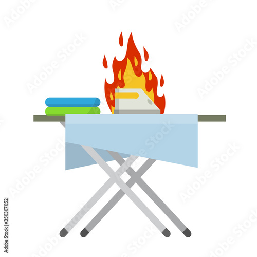 Forgotten iron on the Ironing Board. Folded sheets. Broken appliances. Fire danger. Safety compliance with smoke. Cartoon flat illustration