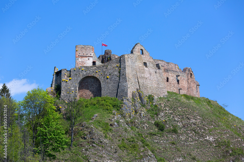 14th century Czorsztyn Castle, ruins of medieval fortress at Lake Czorsztyn, Niedzica, Poland