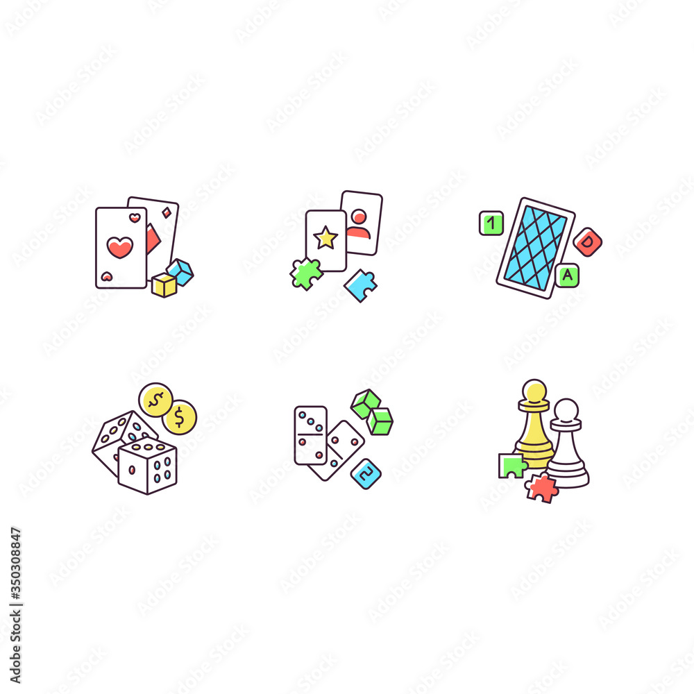 Gambling and intellectual games RGB color icons set. Entertainment. Games of chance and logic. Cards, dominoes, puzzles and chess. Isolated vector illustrations Gambling and intellectual games RGB color icons set. Entertainment. Games of chance and logic. Cards, dominoes, puzzles and chess. Isolated vector illustrations