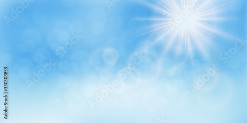 Blue sky with clouds and sun. widescreen sky landscape panoramic scene with rays of light, colorful sky landscape EPS 10