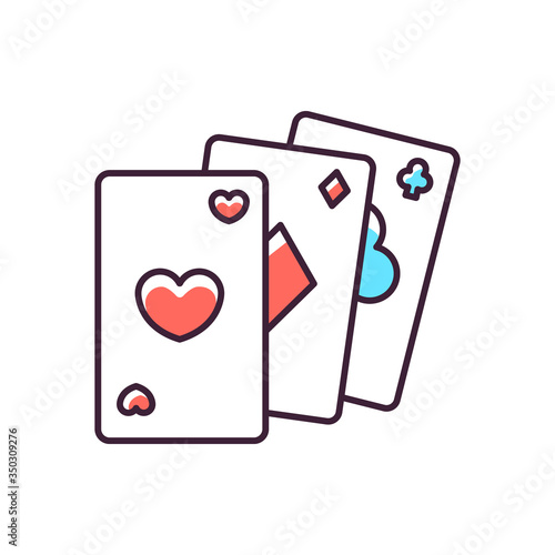 Card game RGB color icon. Traditional casino pastime, poker. Competitive gambling activity, risky table game. Cards of different suits isolated vector illustration