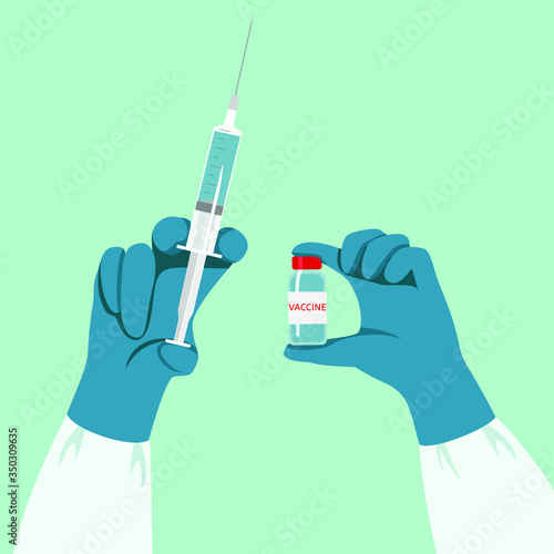 Vaccination of patients. Hands holding a syringe and an ampoule with a vaccine. Vector illustration