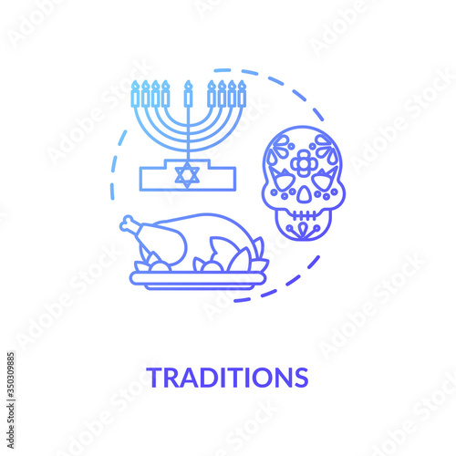 Tradition blue gradient concept icon. National heritage. Different historical customs. Religious holiday. Cultural diversity idea thin line illustration. Vector isolated outline RGB color drawing