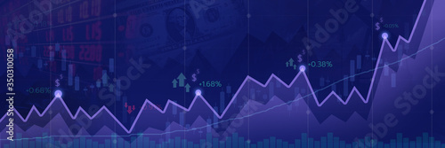 Abstract financial graph with uptrend line and candle stick chart of stock market on purple color background.