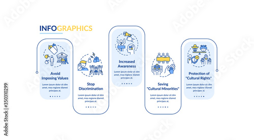 Stop racism vector infographic template. Multi racial human right presentation design elements. Data visualization with 5 steps. Process timeline chart. Workflow layout with linear icons