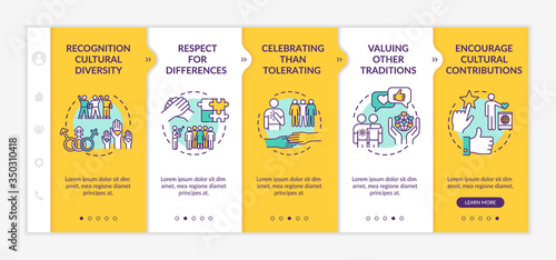 Multi racial empowerment onboarding vector template. Respect for cultural difference. Tradition value. Responsive mobile website with icons. Webpage walkthrough step screens. RGB color concept