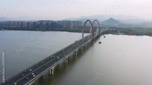 aerial view of a suspension bridge in hangzhou, china