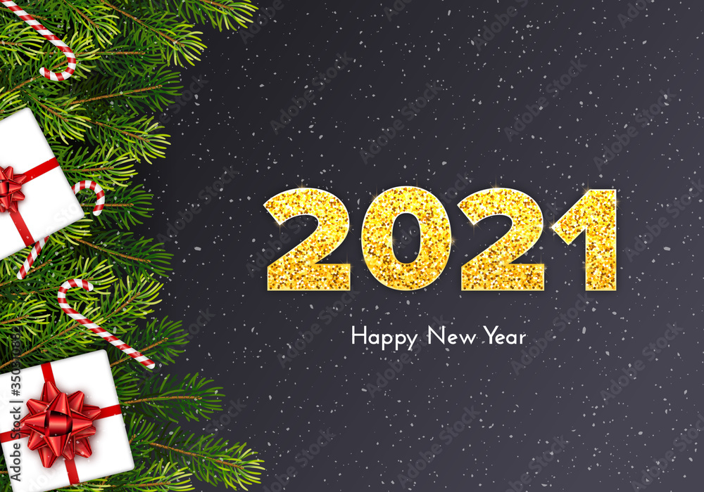 Holiday card Happy New Year with fir tree branches, gift box, red bow, candy canes and golden numbers 2021. Vector template illustration Holiday card Happy New Year with fir tree branches, gift box, red bow, candy canes and golden numbers 2021. Vector template illustration