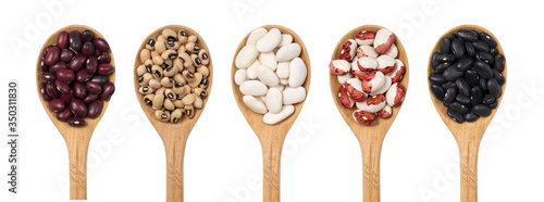 A collection of beans in wooden spoons on a white background top view. Isolated set of beans to choose from.