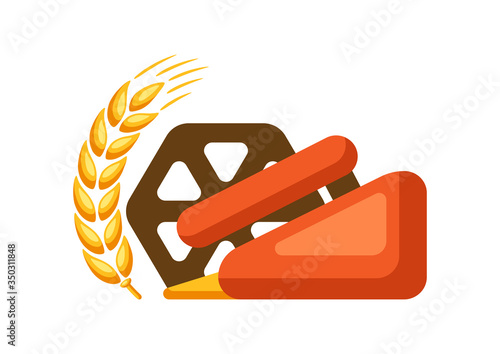 Illustration of combine harvester with ripe wheat ear.