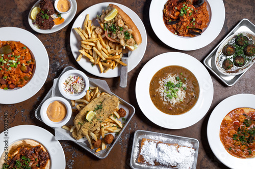 Flat lay of cajun creole dishes at a New Orleans restaurant