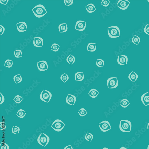 Green Hypnosis icon isolated seamless pattern on green background. Human eye with spiral hypnotic iris. Vector Illustration