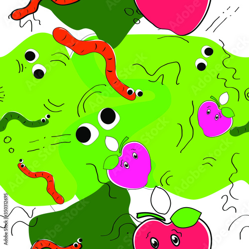 Seamless pattern. Green background. Abstract vector illustration. Cartoon apples, worms, eyes in bright pink, white, orange colors. 