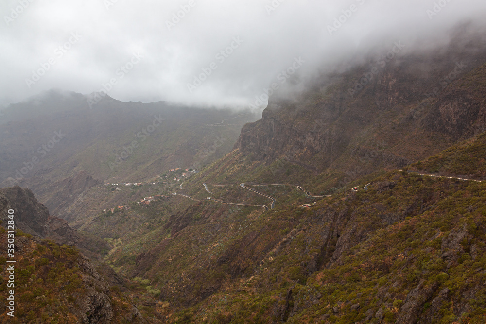 Aerial view of the serpentine in the majestic Masca Gorge, Tenerife, Canary Islands, Spain.