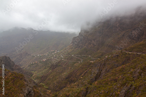 Aerial view of the serpentine in the majestic Masca Gorge, Tenerife, Canary Islands, Spain.