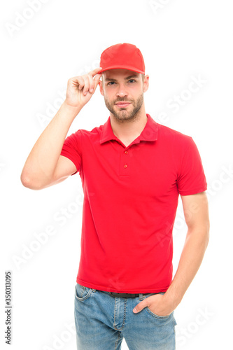 Ready to serve you. Man delivery service. Guy in red cap isolated on white background. Express courier service. Shipping and delivery service. Post worker. Help with relocation and move out © be free