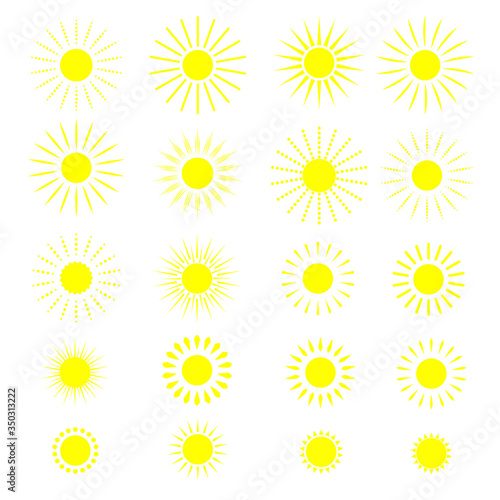 Yellow sun icons collection isolated on white. Vector illustration.