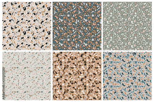 Set of terrazzo background textures. Vector seamless patterns. Natural stone, glass, quartz, concrete, marble. Classic italian type of floor. Terrazzo design elements.